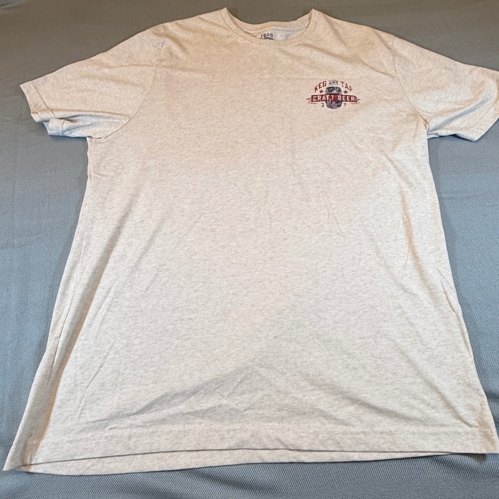 IZOD Saltwater Mens XL Keg and Tap Craft Beer Graphic T-Shirt Heather Beige 2587